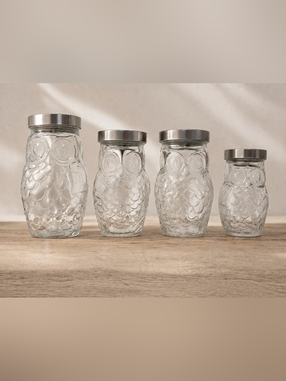 Owl Shaped Storage Container with Lid, Glass Canister Set of 4